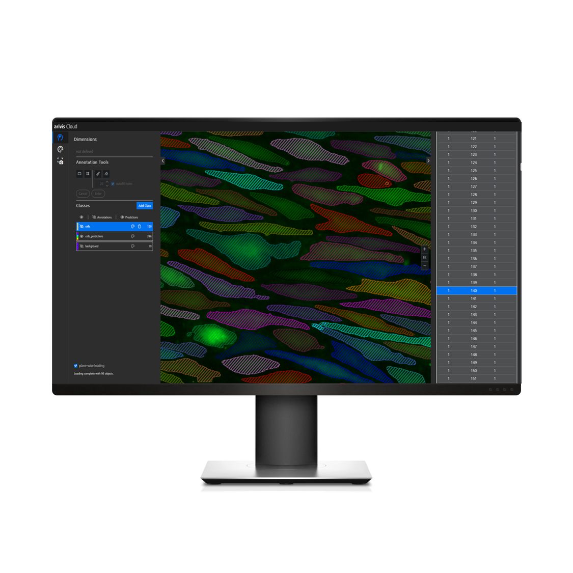 Desktop monitor showing a screen of the ZEISS arivis Cloud software, with segmentation predictions of endothelial cells. Each cell is detected as a separate object.
