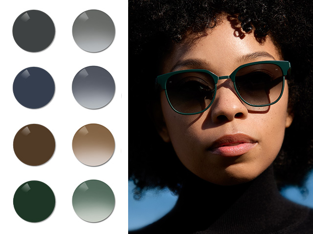 一位年輕女性戴著背面為漸變色的 ZEISS Sun Rx 鏡片。接下來，我們以單色和漸變色來展示黑、灰、棕，以及灰綠色調。