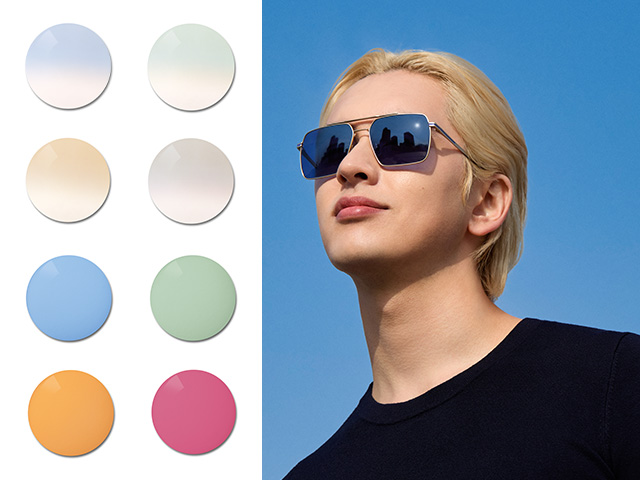 一位年輕男姓戴著藍色單色的 ZEISS Sun Rx 鏡片。接下來，我們展示特殊色調，從柔和的漸變色到強烈而亮麗多彩的單色。