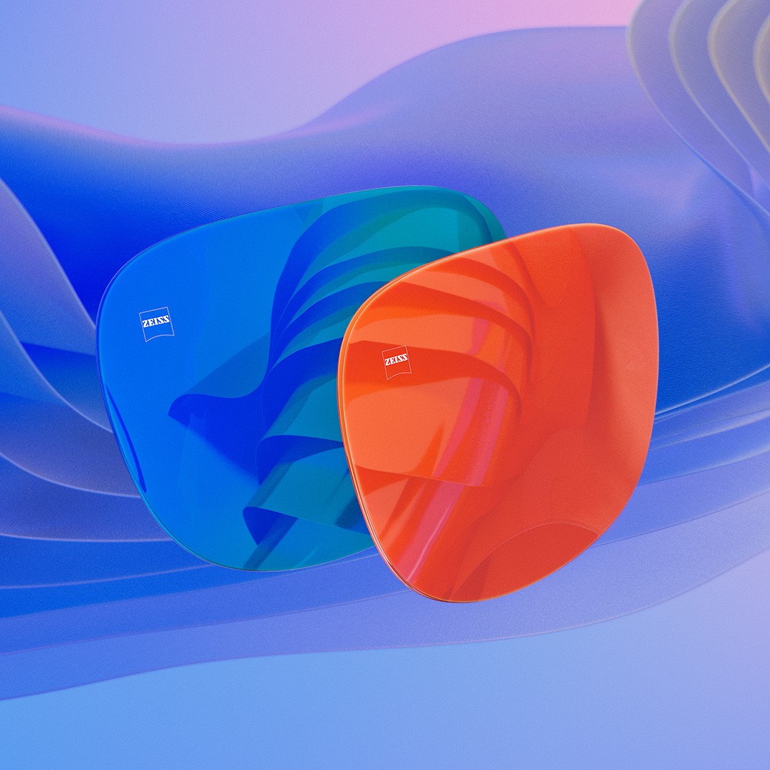 3D CGI 插圖：兩款具有藍色和橙色鏡面塗層的太陽眼鏡鏡片。