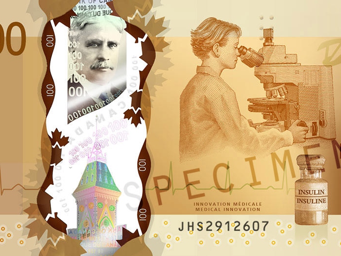 加拿大100加元鈔票的特寫視圖，其中展示了蔡司顯微鏡等等。