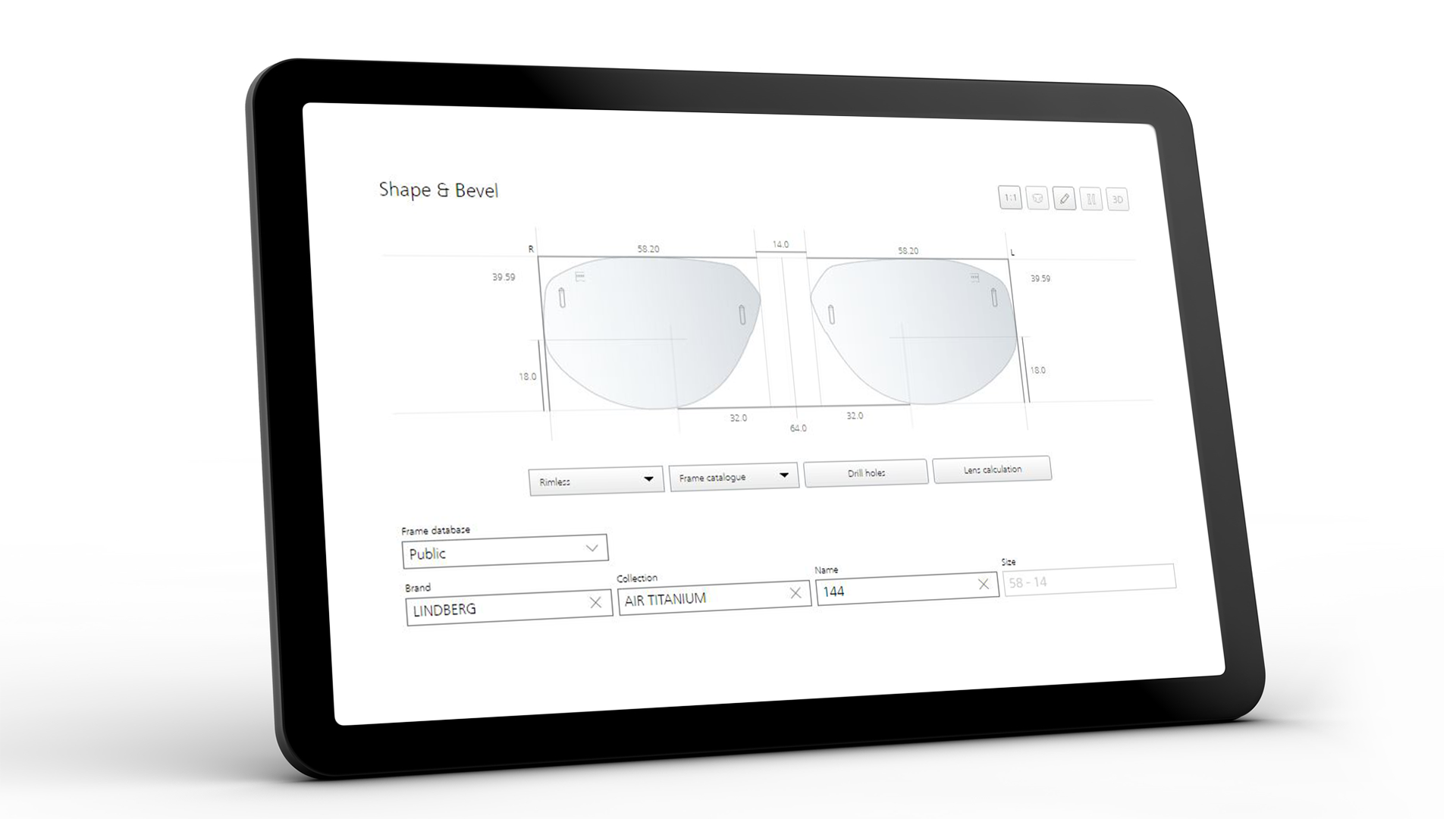 平板電腦螢幕顯示ZEISS VISUSTORE界面的形狀和斜面 